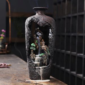 Large Mountain Stream Resin Chinese Incense Backflow Waterfall Fountain Burner with LED Lighting