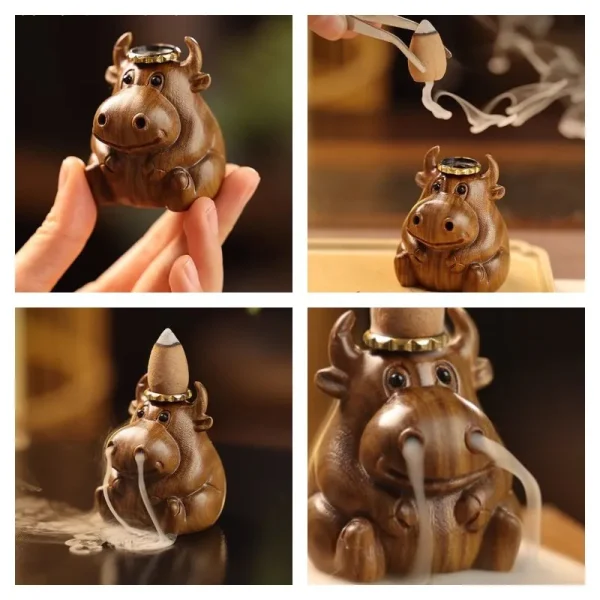 Cute Little Cow Wood Waterfall Backflow Incense Burner | Lulu Incense