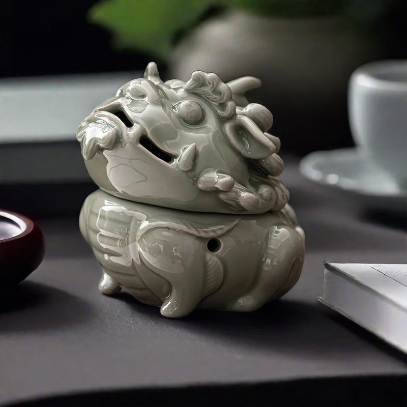 Antique Celadon Porcelain Cute Foo Dog Smoking Incense Cone Burner Antique Celadon Porcelain Cute Foo Dog Smoking Incense Cone Burner