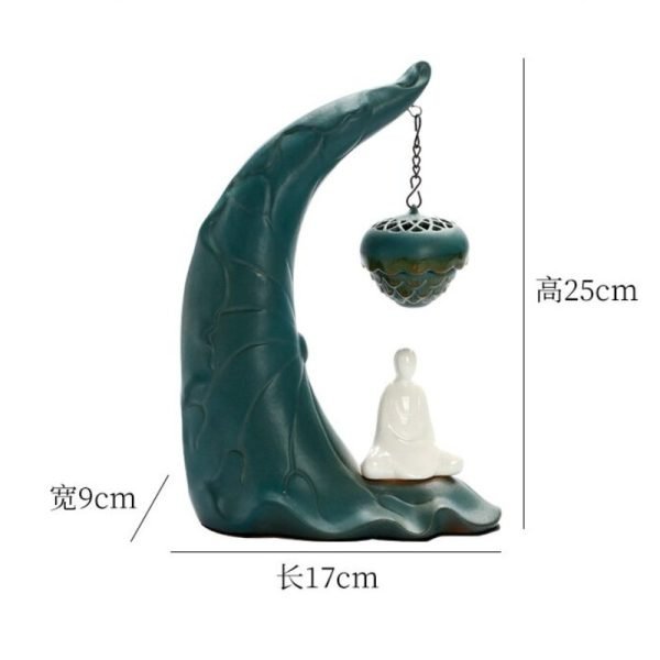 Antique Ceramic Buddha with Hanging Lotus Leaf Backflow Incense Burner Holder with LED Lighting