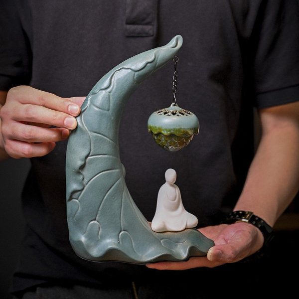 Antique Ceramic Buddha with Hanging Lotus Leaf Backflow Incense Burner Holder with LED Lighting