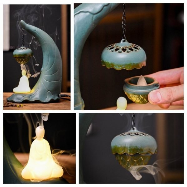 Antique Ceramic Buddha with Hanging Lotus Leaf Backflow Incense Burner Holder with LED Lighting
