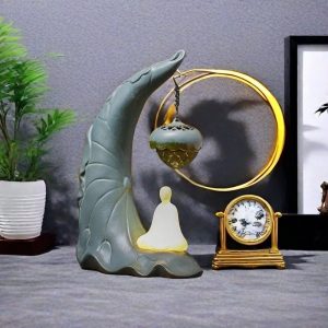 Antique Ceramic Buddha with Hanging Lotus Leaf Backflow Incense Burner Holder with LED Lighting