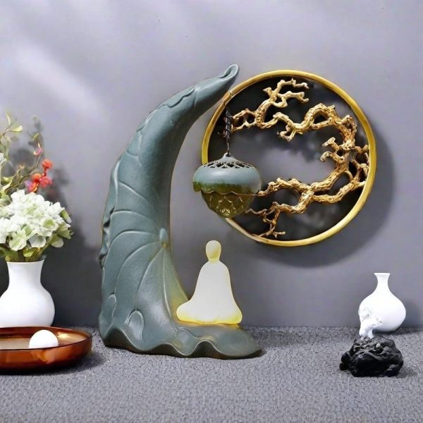 Antique Ceramic Buddha with Hanging Lotus Leaf Backflow Incense Burner Holder with LED Lighting