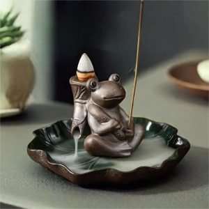 Antique Ceramic Frog with Lotus Leaf Incense Burning Holder for Sticks