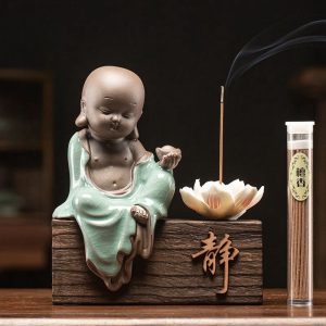 Antique Ceramic Zen Buddha and Lotus Incense Burner Wooden Box for Sticks | Lulu Incense
