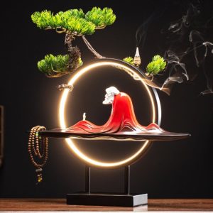 Electric Ceramic Zen Theme Red Buddha Incense Backflow Burner with LED Light | Lulu Incense