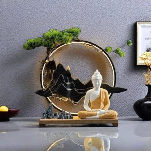 Antique White Porcelain Zen Buddha and Mountain LED Waterfall Incense Burner Holder