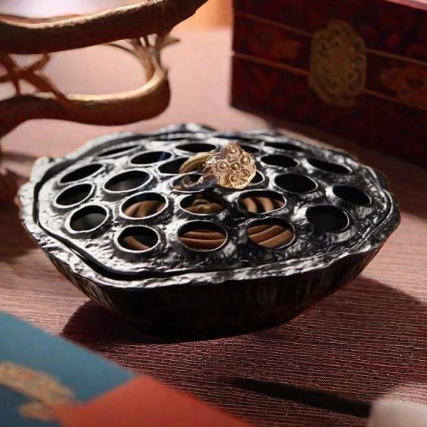 Black Alloy Lotus Seedpod Spiral Coil Incense Burner Holder for Cones with Lid
