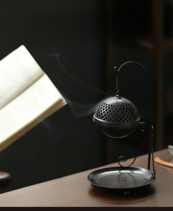 Black Alloy Japanese Style Incense Cone Burning Holder with Hanging Ball