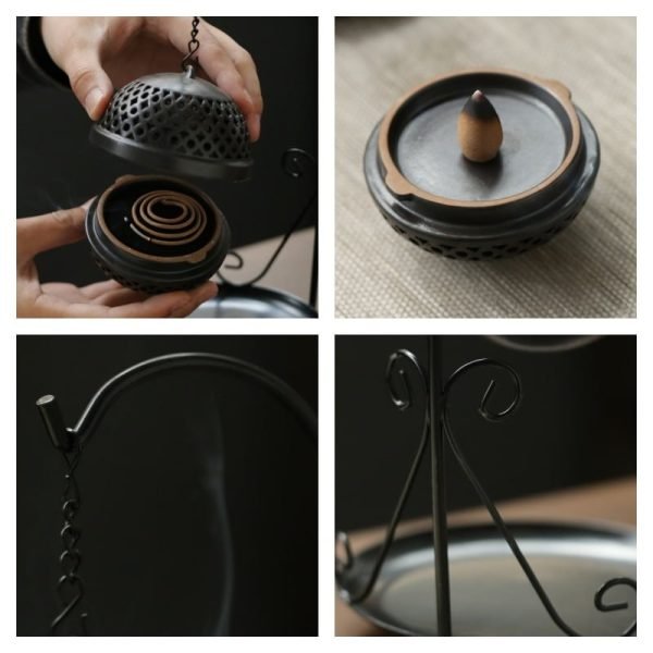 Black Alloy Japanese Style Incense Cone Burning Holder with Hanging Ball