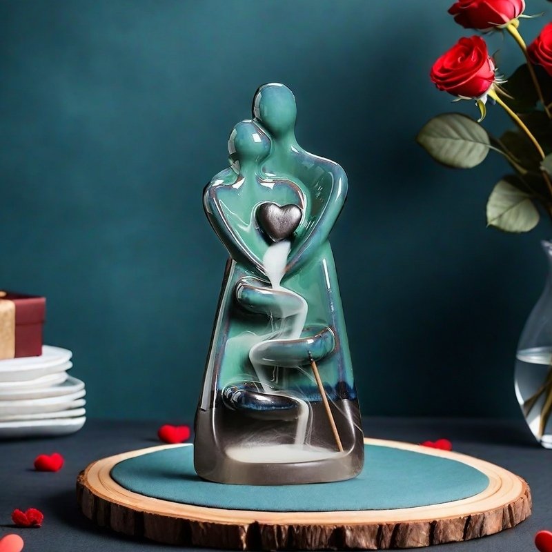 Blue Ceramic Hugging Couple Heart Waterfall Backflow Incense Burner for Valentine's Day Blue Ceramic Hugging Couple Heart Waterfall Backflow Incense Burner for Valentine's Day