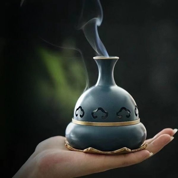 Blue Gourd-Shaped Chinese Brass Bronze Incense Burner with Lotus Base | Lulu Incense