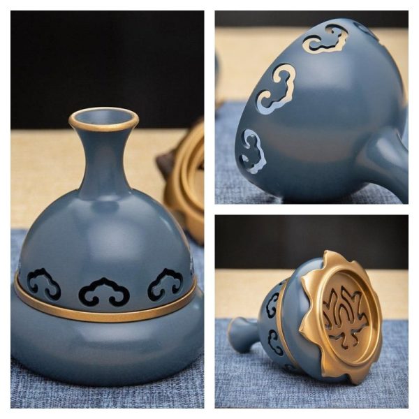 Blue Gourd-Shaped Chinese Brass Bronze Incense Burner with Lotus Base | Lulu Incense