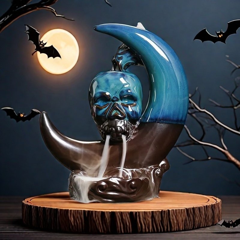 Blue Moon with Skull Ceramic Burning Incense Holder for Halloween Holiday (2) Blue Moon with Skull Ceramic Burning Incense Holder for Halloween Holiday