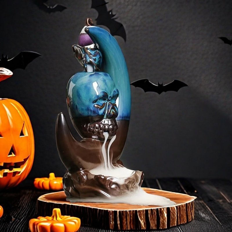 Blue Moon with Skull Ceramic Burning Incense Holder for Halloween Holiday (3) Blue Moon with Skull Ceramic Burning Incense Holder for Halloween Holiday