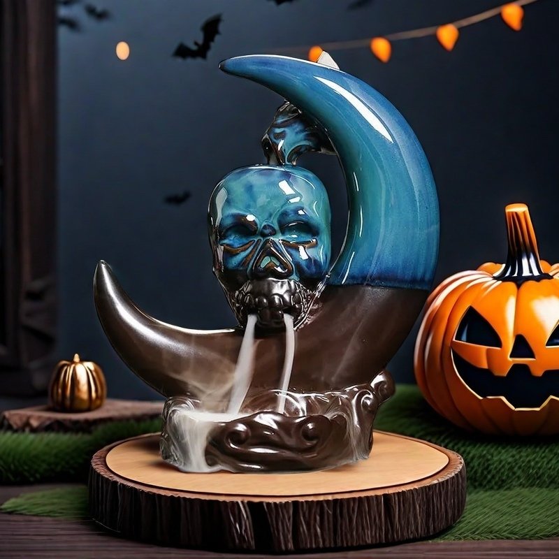 Blue Moon with Skull Ceramic Burning Incense Holder for Halloween Holiday Blue Moon with Skull Ceramic Burning Incense Holder for Halloween Holiday