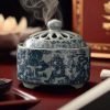 Blue Willow Porcelain Dragon Theme Coil & Charcoal Incense Burner Holder with Lid