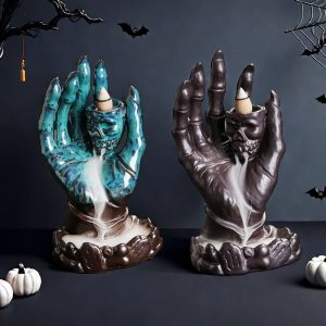 Blue and Black Ceramic Halloween Ghost Hand with Skull Smoke Backflow Incense Holder