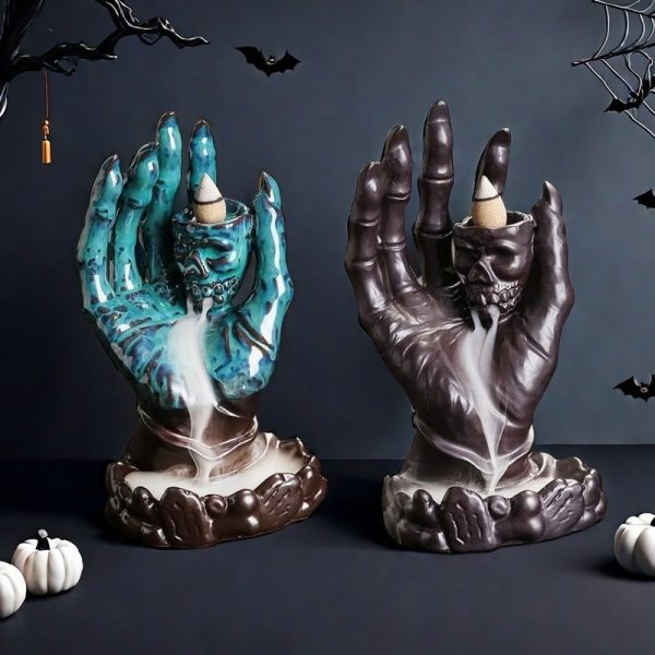 Blue and Black Ceramic Halloween Ghost Hand with Skull Smoke Backflow Incense Holder