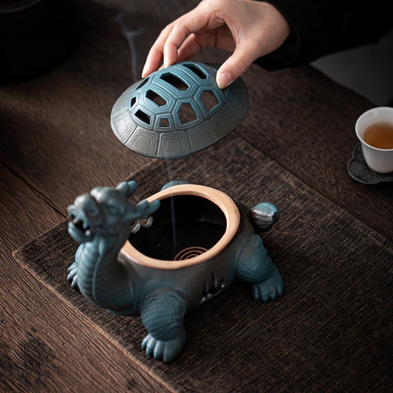 Blue and Brown Dragon Turtle Ceramic Burning Cone Incense Holder - Blue | Lulu Incense