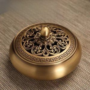 Hand-Carved Flower Vintage Chinese Brass Copper Bowl Incense Burner for Sale | Lulu Incense