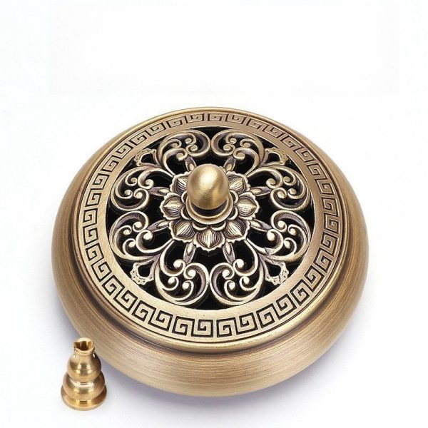 Hand-Carved Flower Vintage Chinese Brass Copper Bowl Incense Burner for Sale | Lulu Incense