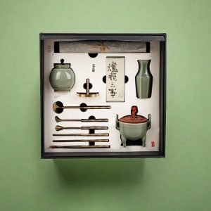 Celadon Porcelain and Brass Agarwood Ash Incense Mediation Ceremony Kit