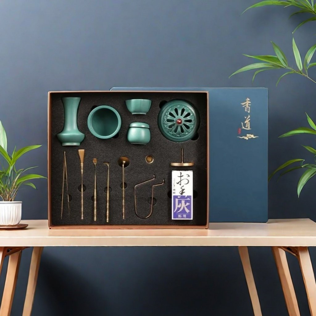 Celadon Porcelain and Copper Chinese Agarwood Powder Incense Starter Making Kit Celadon Porcelain and Copper Chinese Agarwood Powder Incense Starter Making Kit