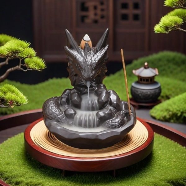 Ceramic Black and Blue Dragon Backflow Waterfall Incense Burner Holder