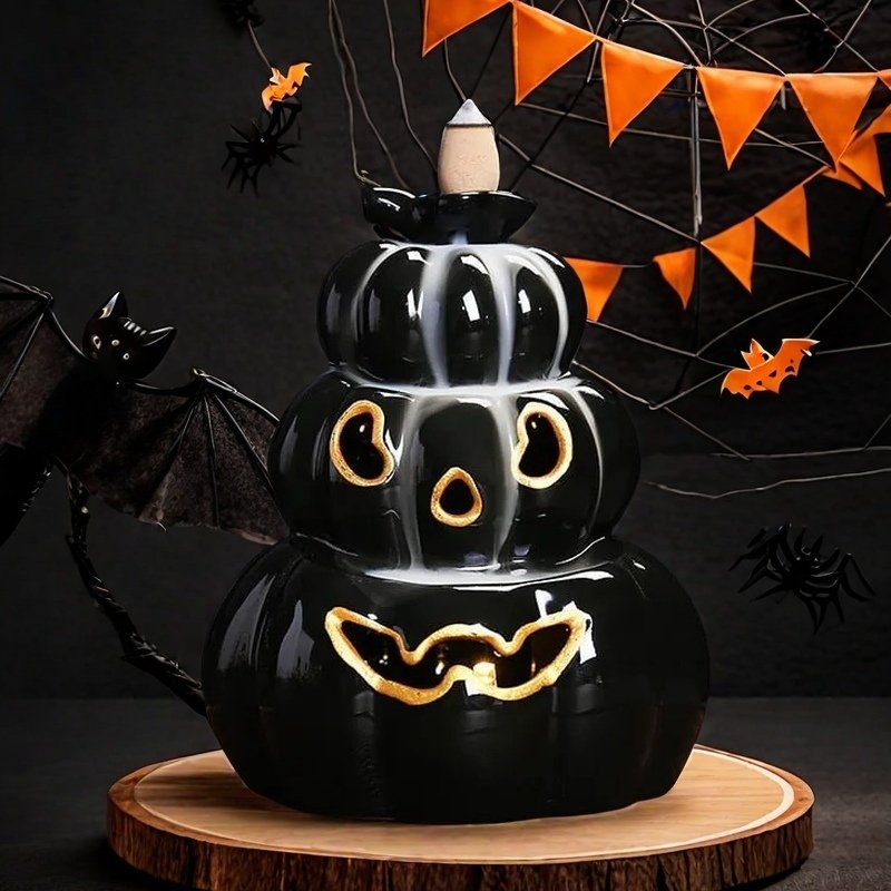 Ceramic Black Three Heaped Pumpkin Halloween Backflow Incense Burner Ceramic Black Three Heaped Pumpkin Halloween Backflow Incense Burner