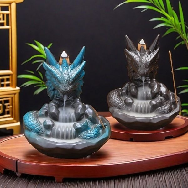 Ceramic Black and Blue Dragon Backflow Waterfall Incense Burner Holder