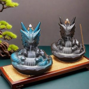 Ceramic Black and Blue Dragon Backflow Waterfall Incense Burner Holder
