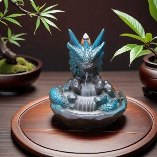 Ceramic Black and Blue Dragon Backflow Waterfall Incense Burner Holder