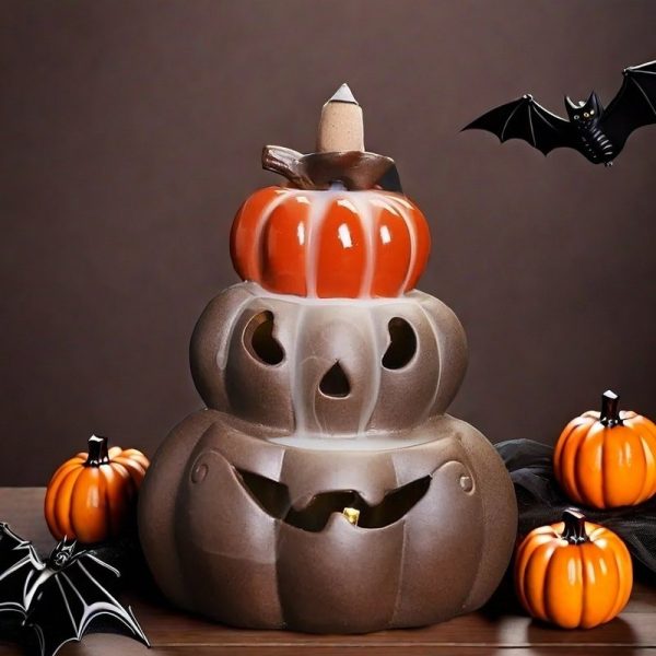 Ceramic Brown Three Heaped Pumpkin Halloween Backflow Incense Burner
