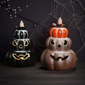 Ceramic Brown and Black Three Heaped Pumpkin Halloween Backflow Incense Burner