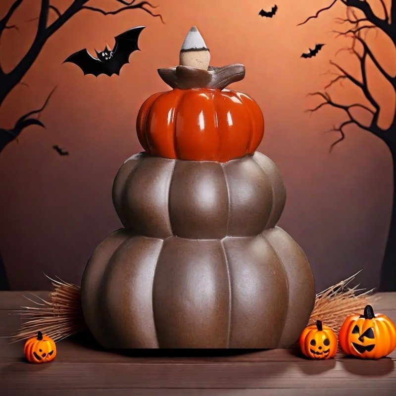 Ceramic Brown and Black Three Heaped Pumpkin Halloween Backflow Incense Burner -back side Ceramic Brown and Black Three Heaped Pumpkin Halloween Backflow Incense Burner -back side