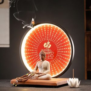 Electric Ceramic Red Buddha Incense Backflow Burner with LED Light | Lulu Incense