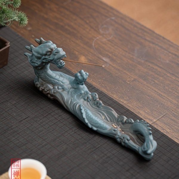 Ceramic Elegant Blue and Golden Sleeping Dragon Stick Incense Burner | Lulu Incense