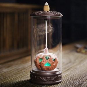 Red Monkey King Purple Clay and Wooden Foundation Incense Waterfall Burner with LED Light | Lulu Incense