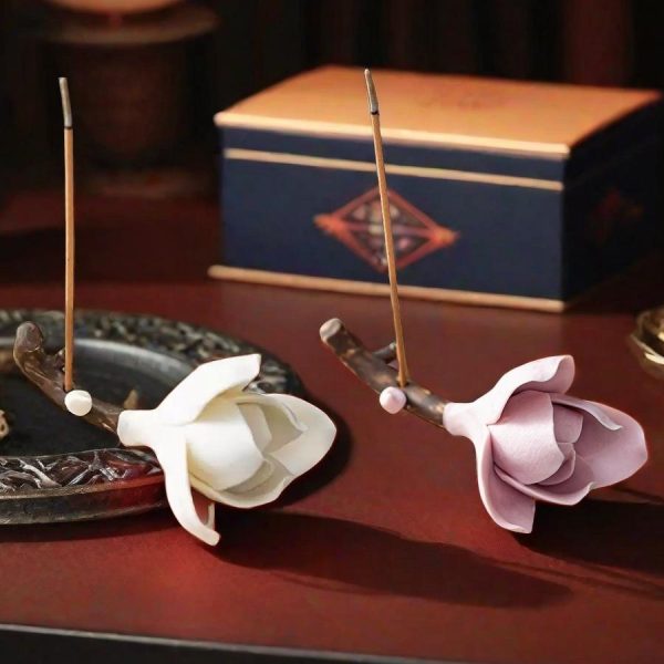 Ceramic White and Pink Magnolia Flower Bud Shape Stick Incense Burner Holder