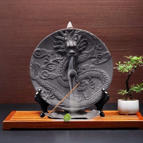 Chinese Antique Luxurious Golden and Black Dragon Round Backflow Incense Burner