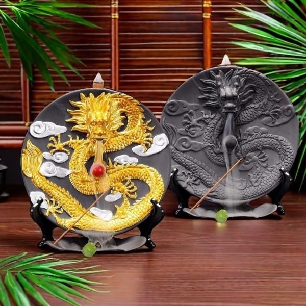 Chinese Antique Luxurious Golden and Black Dragon Round Backflow Incense Burner