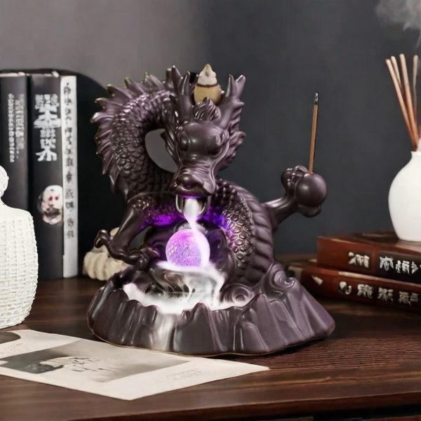 Chinese Dragon Ceramic Smoke Waterfall Backflow Incense Burner with LED Lighting