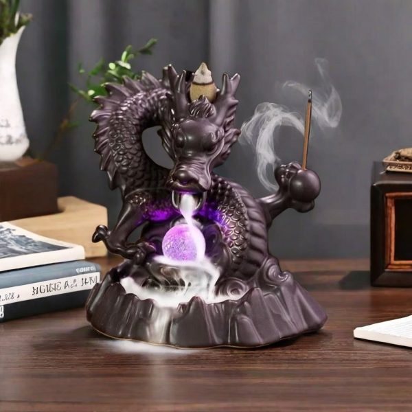 Chinese Dragon Ceramic Smoke Waterfall Backflow Incense Burner with LED Lighting