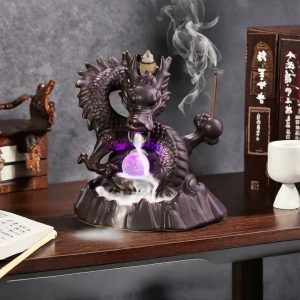 Chinese Dragon Ceramic Smoke Waterfall Backflow Incense Burner with LED Lighting