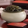 Chinese Ru Kiln Crackle Glazed Porcelain Bowl Coil Incense Holder with Elegant Floral Lids