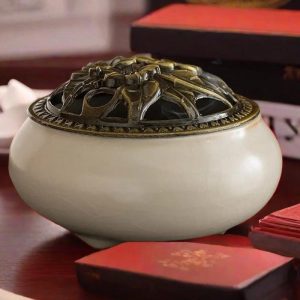 Chinese Ru Kiln Crackle Glazed Porcelain Bowl Coil Incense Holder with Elegant Floral Lids
