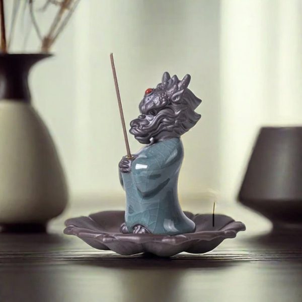 Creative Ceramic Chinese Dragon King Making Bows Stick Incense Holder Burner