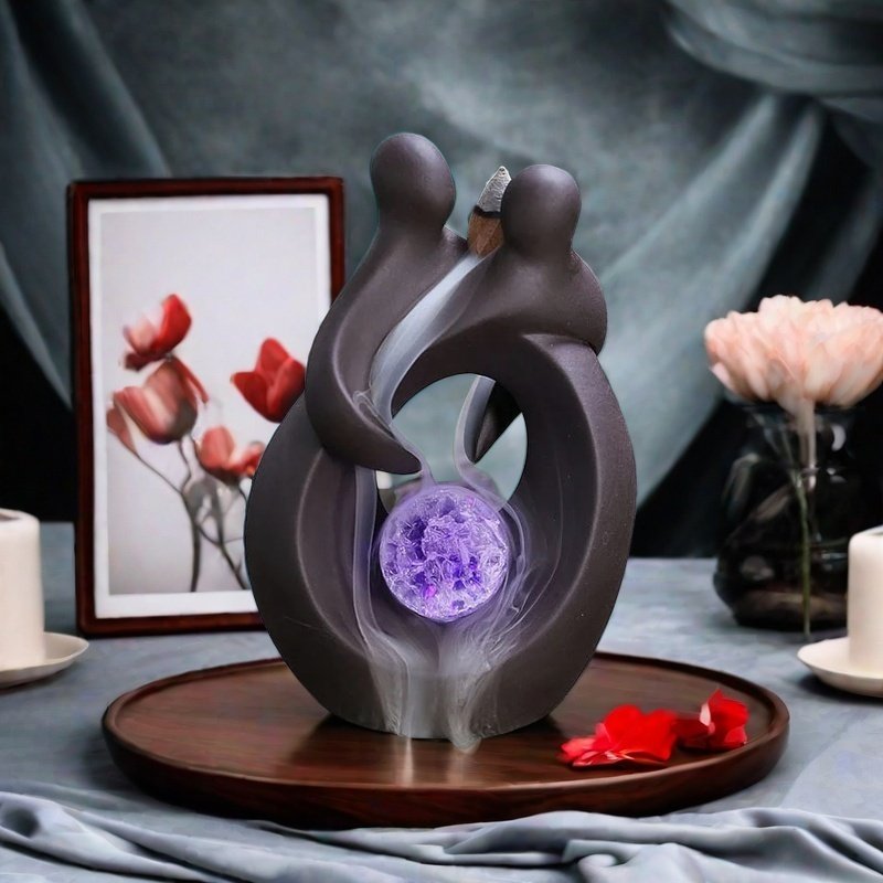 Creative Handmade Purple Clay Lover Valentine's Day LED Lighting Waterfall Backflow Incense Burner Creative Handmade Purple Clay Lover Valentine's Day LED Lighting Waterfall Backflow Incense Burner